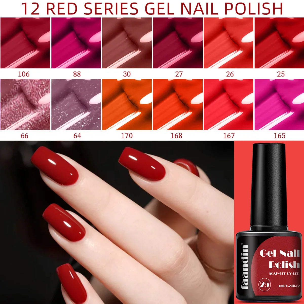 Blushimmer Faandin 7ml red gel nail polish bottle with vibrant, high-saturation color, quick-drying, alcohol-free, suitable for home use.