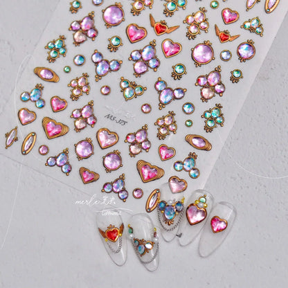 Colorful Cat's Eye 5D gradient European love heart gem nail art stickers with wing accents, perfect for manicure decoration.