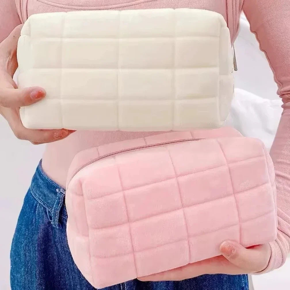 Large Blushimmer solid fur cosmetic storage bag with zipper, ideal for makeup, toiletries, and stationery organization.