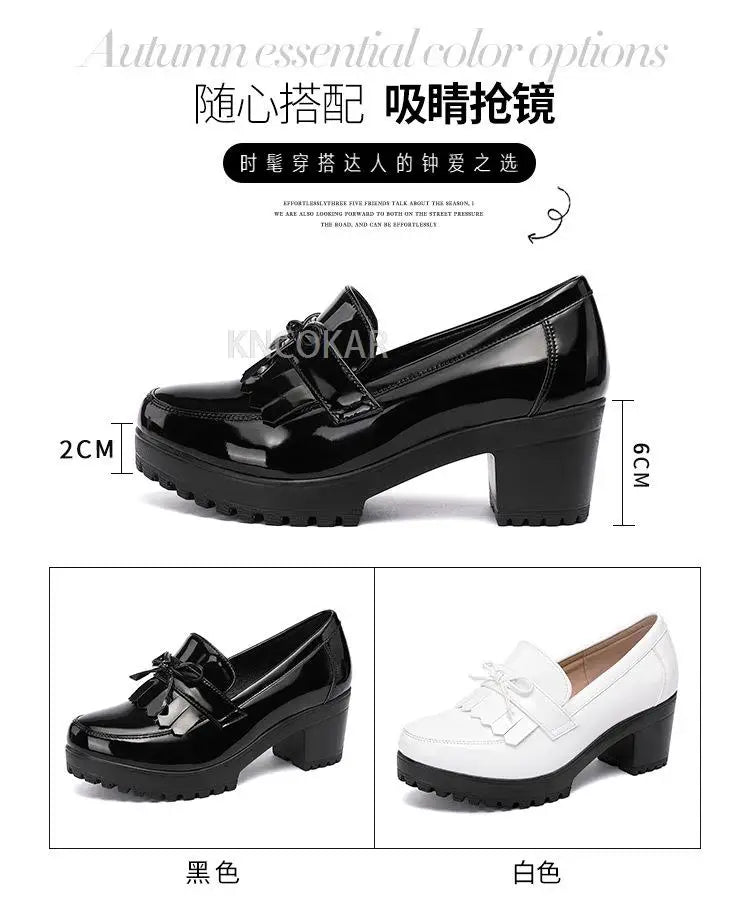 Lacquer leather medium heel thick heel shoes for women in autumn 2023 new thick sole waterproof platform British style fashion