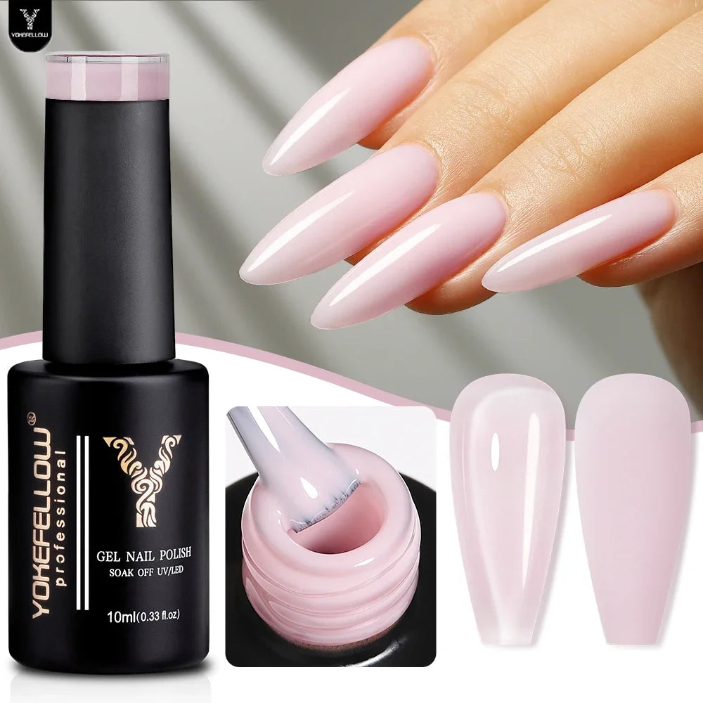 Blushimmer YOKEFELLOW 10ml translucent pink gel nail polish in a clear jar, showcasing high-quality soak off UV gel for long-lasting nails.