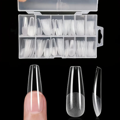 Set of 120 Blushimmer full cover press-on nail tips in stiletto, almond, square, and coffin shapes for gel nail extensions.