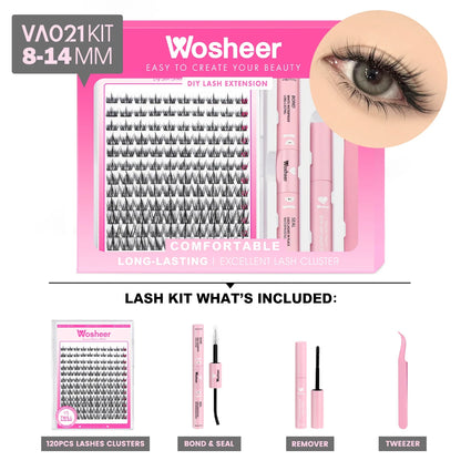 Blushimmer WOSHEER eyelash clusters kit with faux mink individual lashes, lash bond, seal, and remover for DIY eyelash extensions.