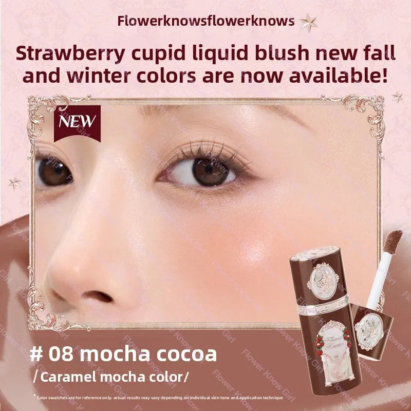 Blushimmer Flower Knows Strawberry Cupid liquid blush in 7g with silky, lightweight cream finish and skin-like adhesive effect.
