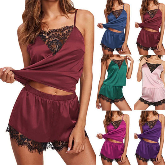 Sexy women’s satin pajama set with lace patchwork, suspender top, and hot shorts sleepwear, featuring a silk fabric design.