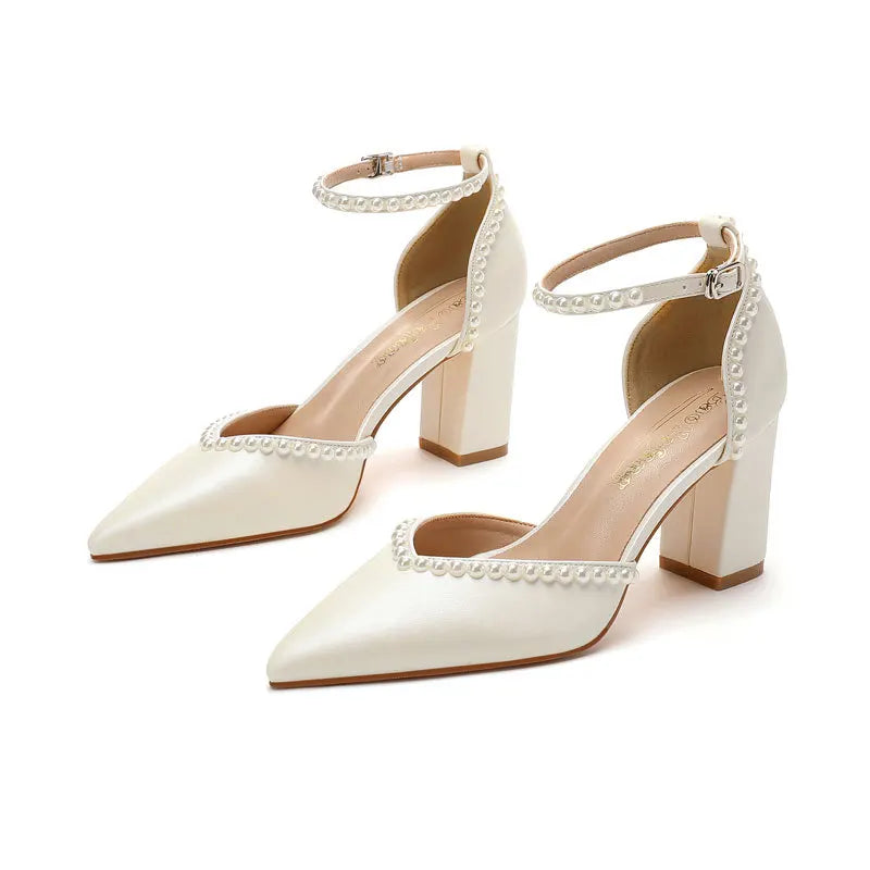 Thick Heel Pearls Ankle Strap Sandals White Bridal Wedding Shoes Pointed Toe Summer Elegant Women's High Heels