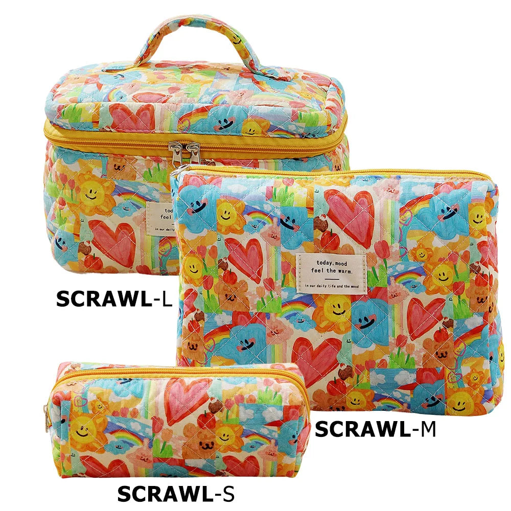 Cute quilted cotton makeup bag by Blushimmer featuring a zipper, portable cloth toiletry case for women and girls.