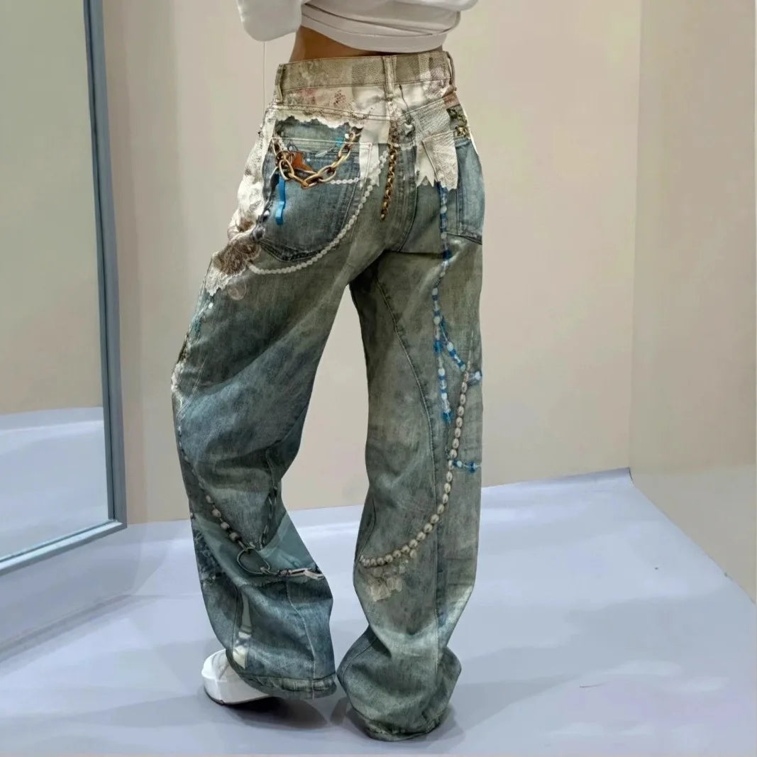 Fashionable Niche 3D Printed Lace Pearl Print Chain Straight Long Pants for Women, Fashion Denim Trousers, Street Jeans Ladies