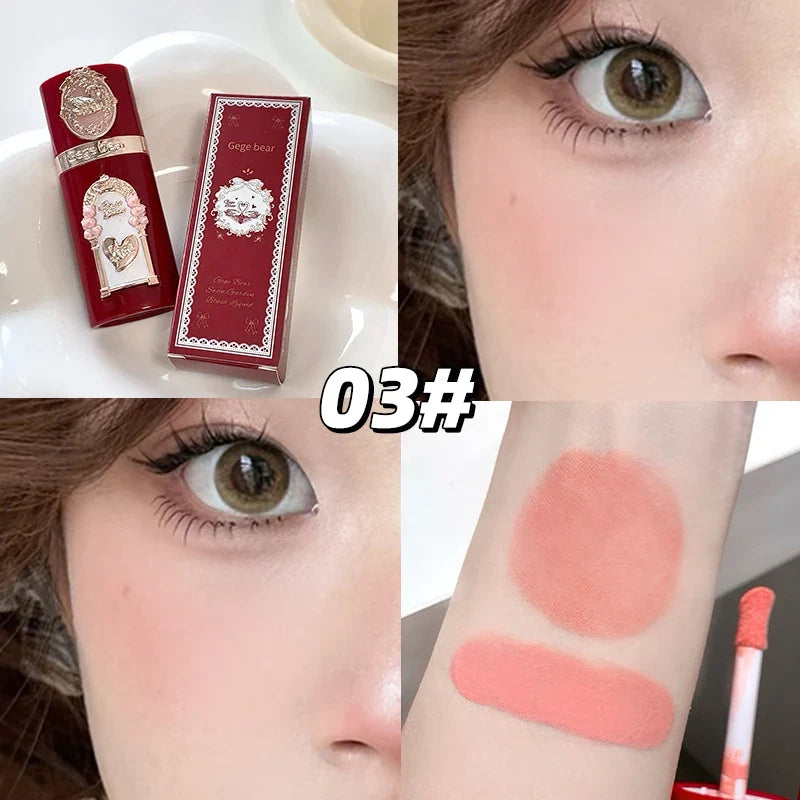Blushimmer Gege Bear Strawberry Cupid pink velvet matte lip cream and pressed powder liquid blush set with long-lasting, lightweight formula.