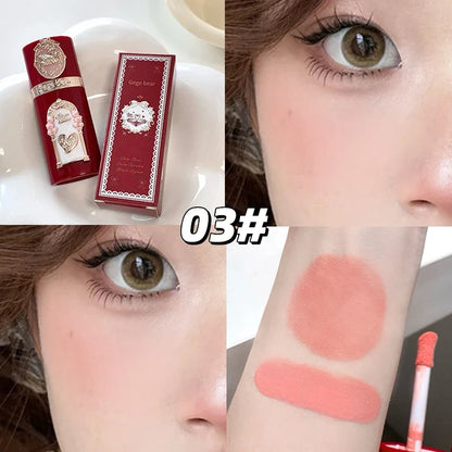 Blushimmer Gege Bear Strawberry Cupid pink velvet matte lip cream and pressed powder liquid blush set with long-lasting, lightweight formula.