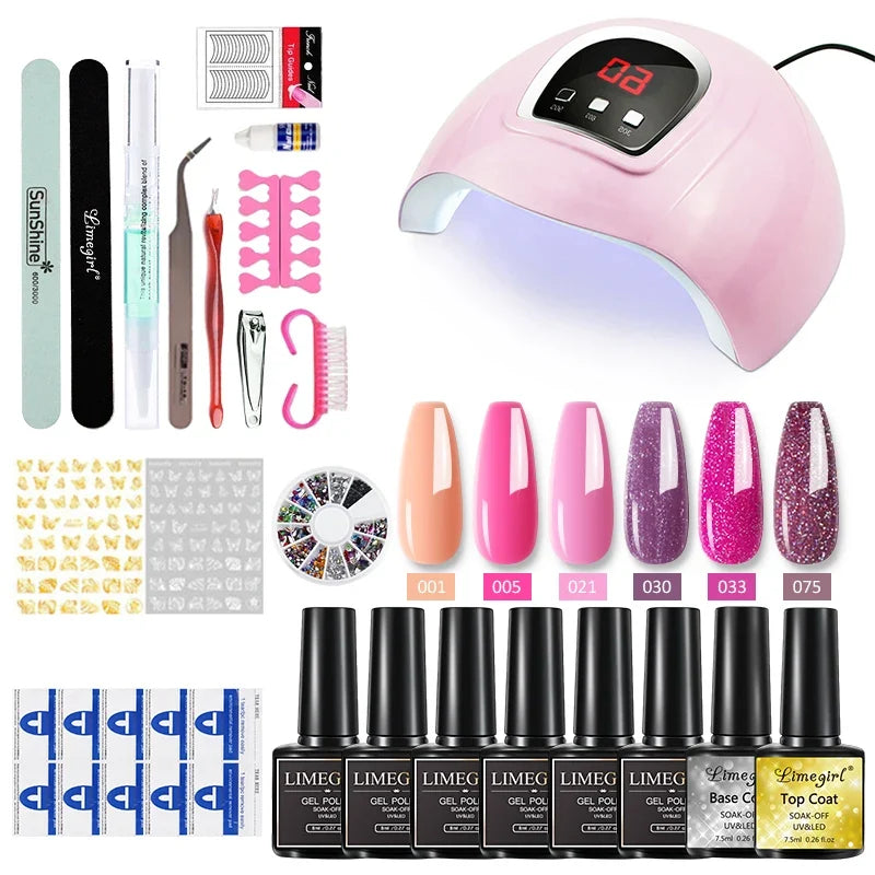 Blushimmer Limegirl nail set with 54W UV nail lamp, 18/12/7 color gel polish, nail drill, and tools for professional manicures.