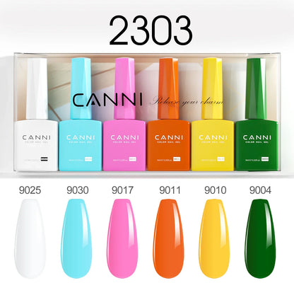 Blushimmer CANNI HEMA free nail gel polish set with six 9ml bottles in vibrant colors, perfect for semi-permanent UV and LED gel nails.