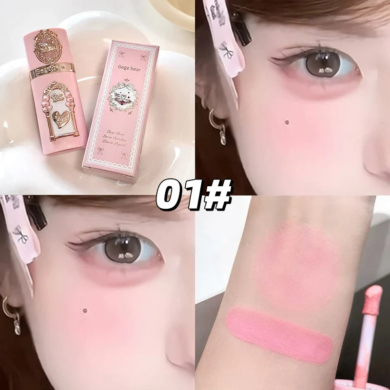 Blushimmer Gege Bear Strawberry Cupid pink velvet matte lip cream and liquid blush set with pressed powders, long-lasting and lightweight.