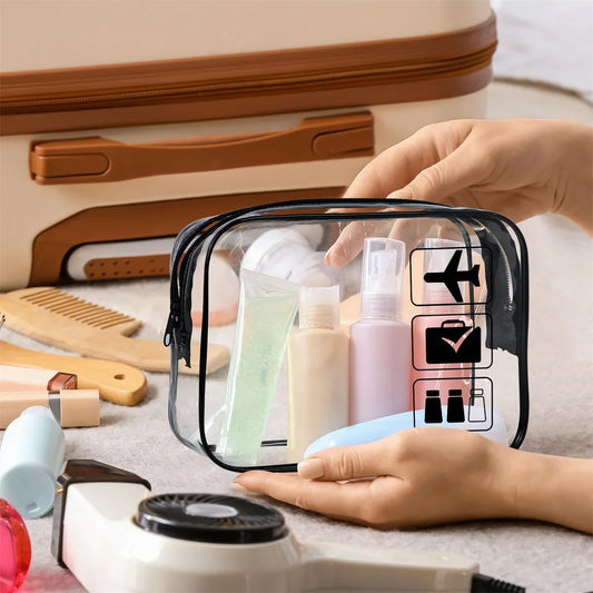 Clear TSA-approved toiletry travel bag by Blushimmer, quart size carry-on bag for airport and airport security use.