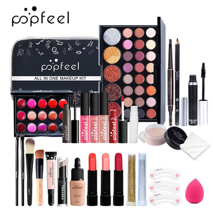 Blushimmer all-in-one makeup kit with eyeshadow palette, foundation, lip gloss, blush, brushes, and eyeline in a mixed color paste set