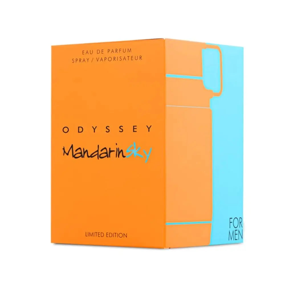 Armaf Odyssey Mandarin Sky Elixir unisex perfume spray in 3.4 oz bottle, limited edition, with a sleek design and vibrant labeling.