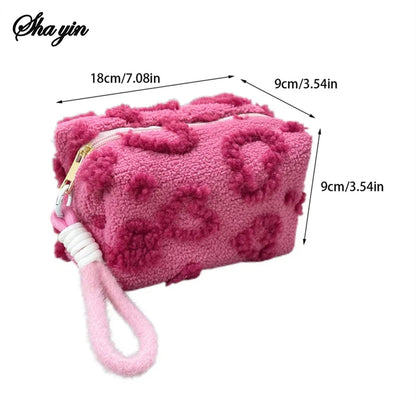 Blushimmer plush makeup bag with handle, soft travel cosmetic storage, love print organizer, pencil case, cute clutch pouch
