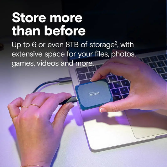 Crucial X10 8TB portable SSD by BACKUPMYFILESNOW® with blue casing, USB-C, high-speed storage for games, photos, and files.