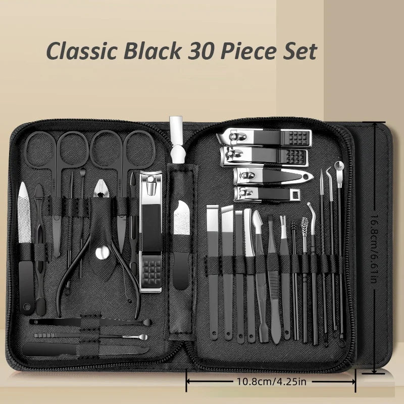 Portable stainless steel manicure set with nail clippers, scissors, and trimming tools for finger care by Blushimmer.