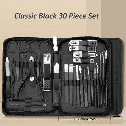 Portable stainless steel manicure set with nail clippers, scissors, and trimming tools for finger care by Blushimmer.