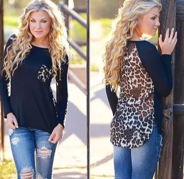 Leopard Print Chiffon Long Sleeve Pocket T-Shirt