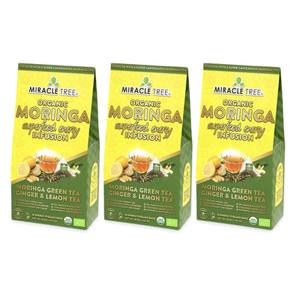 Organic Moringa Energy Tea by Miracle Tree with ginger and lemon, featuring vibrant tea leaves in a clear glass cup.