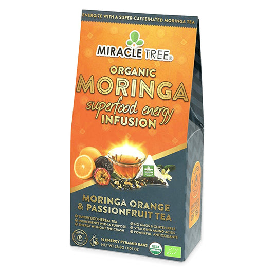 Organic Moringa Energy Tea by Miracle Tree with orange passionfruit flavor, featuring dried tea leaves and vibrant citrus slices.