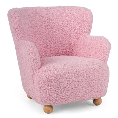 Light pink kids sherpa armchair with solid wood legs, soft cozy upholstery, ideal for children’s furniture.