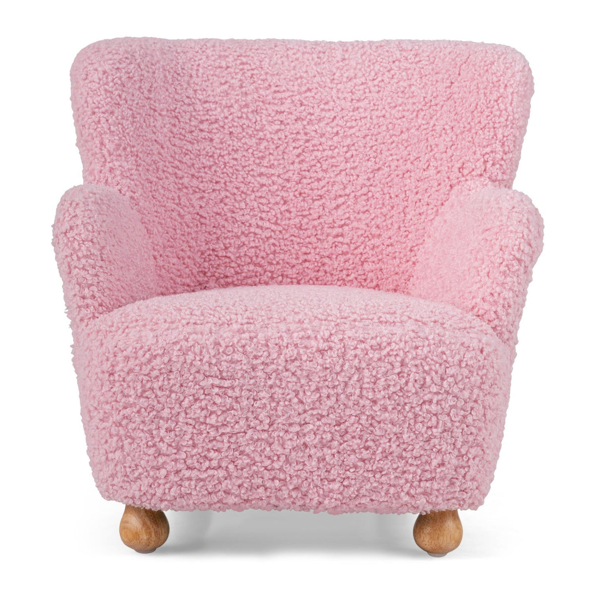 Light pink kids Sherpa armchair with solid wood legs, soft plush upholstery, perfect for cozy playroom seating.