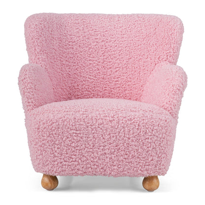 Light pink kids sherpa armchair with solid wood legs, cozy and soft, ideal for children's bedroom or playroom furniture.