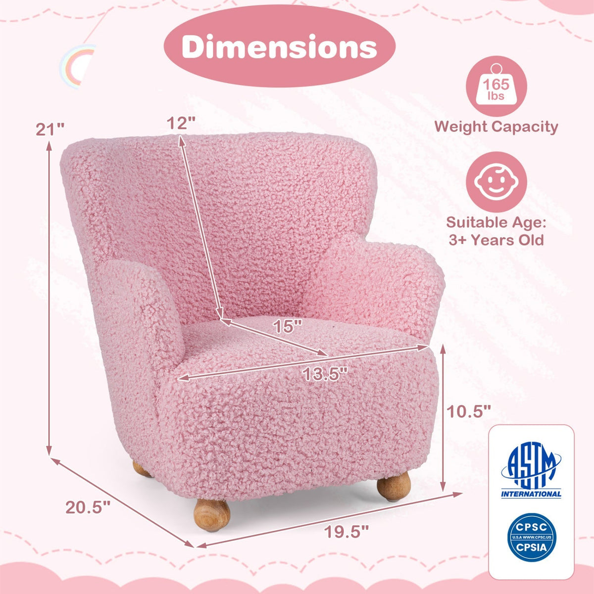 Light pink kids sherpa armchair with solid wood legs, soft plush fabric, ideal for children's room or play area.