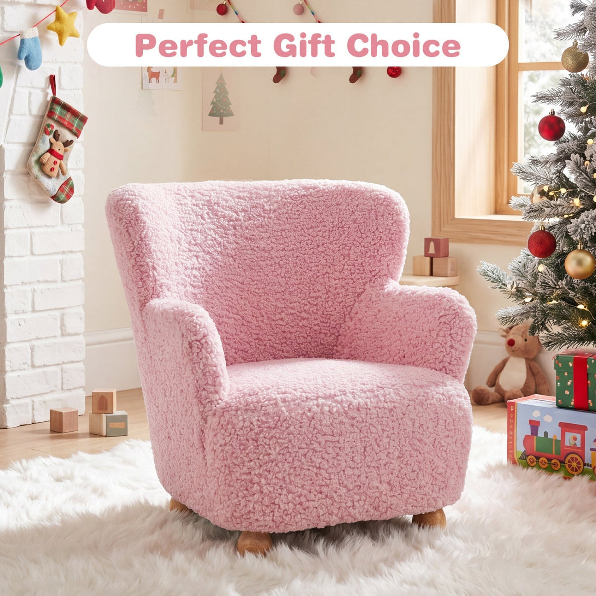 Light pink Sherpa kids armchair with solid wood legs, soft cozy upholstery, perfect for children's bedroom or playroom.