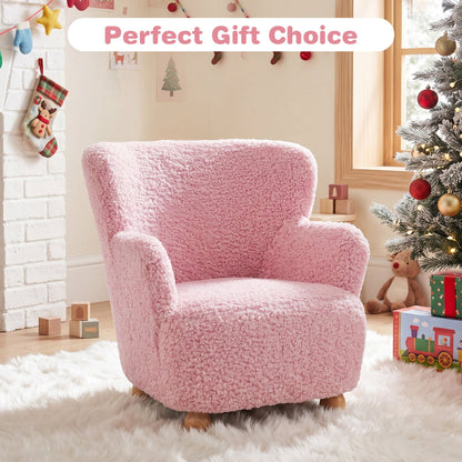 Light pink kids sherpa armchair with solid wood legs, soft textured upholstery, perfect for cozy children's furniture decor