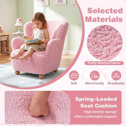 Light pink kids sherpa armchair with solid wood legs, soft plush upholstery, perfect for cozy children's room furniture.