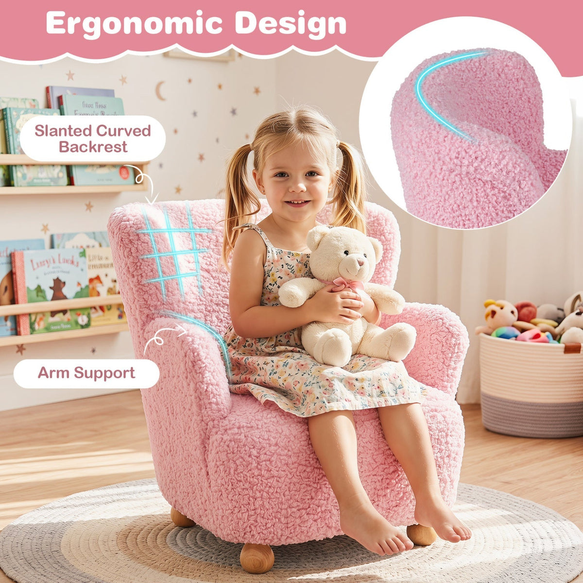 Light pink kids sherpa armchair with solid wood legs, soft cozy upholstery, perfect for children's room or play area.