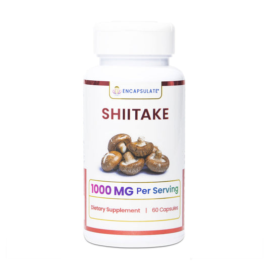 Encapsulate brand Shiitake mushroom supplement in a clear capsule, displayed on a neutral background.