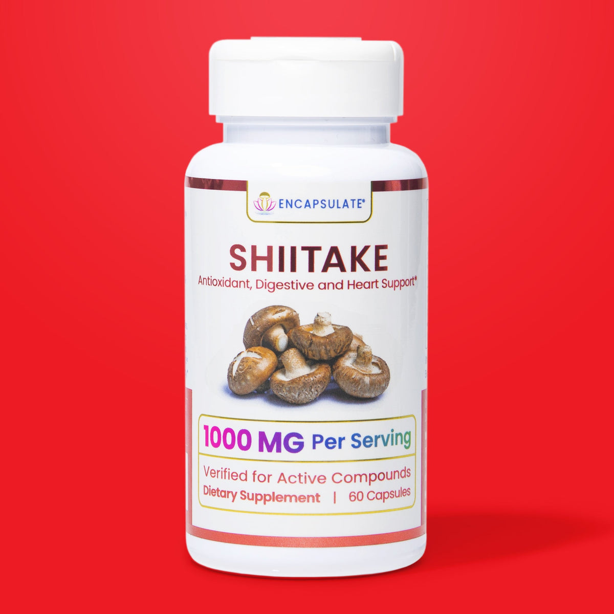 Capsules of ENCAPSULATE Shiitake 1:1 Extract supplement, showing the capsule packaging and product label.