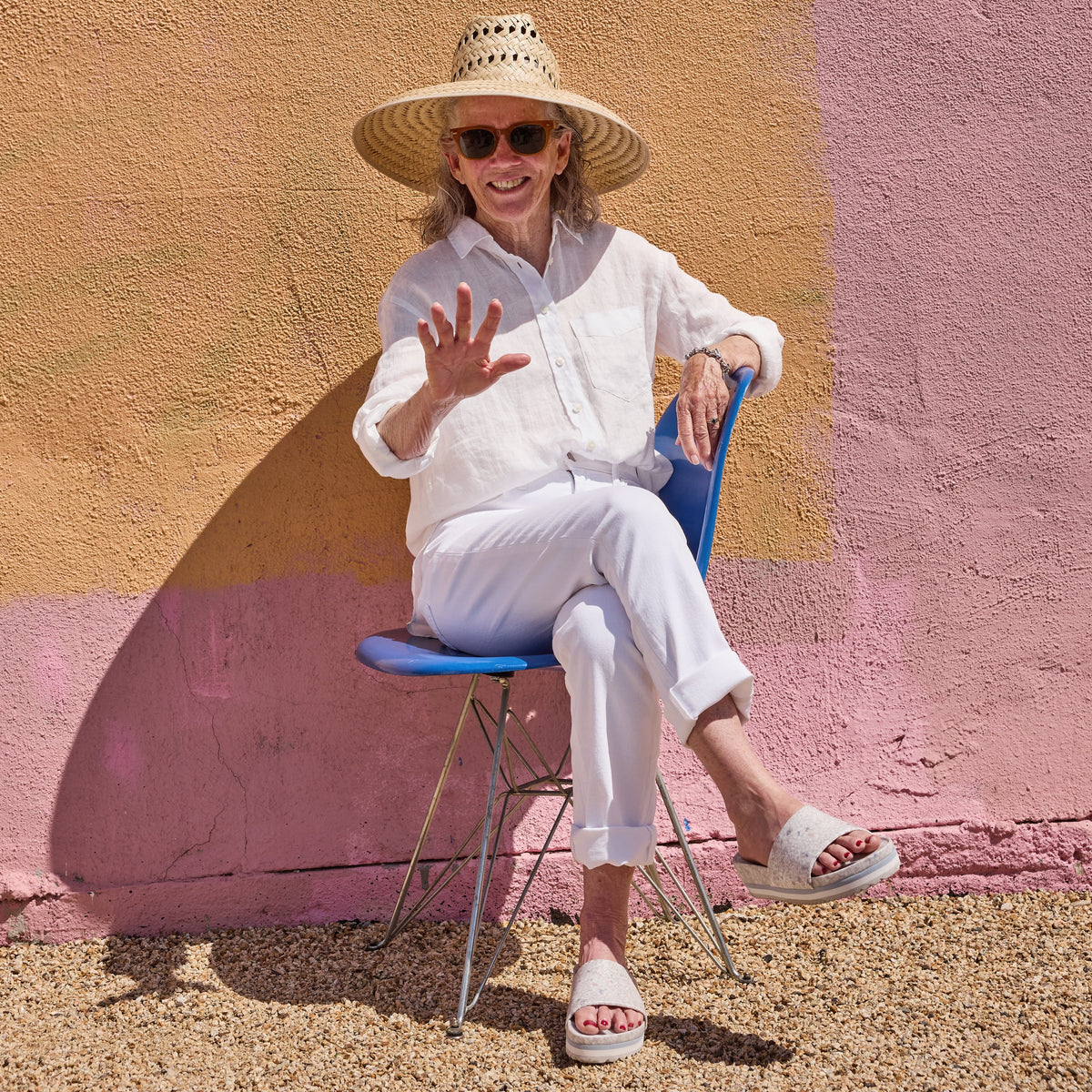 Fleks East Beach Slide Platform in faded denim with thick sole and open toe, displayed on a white background.
