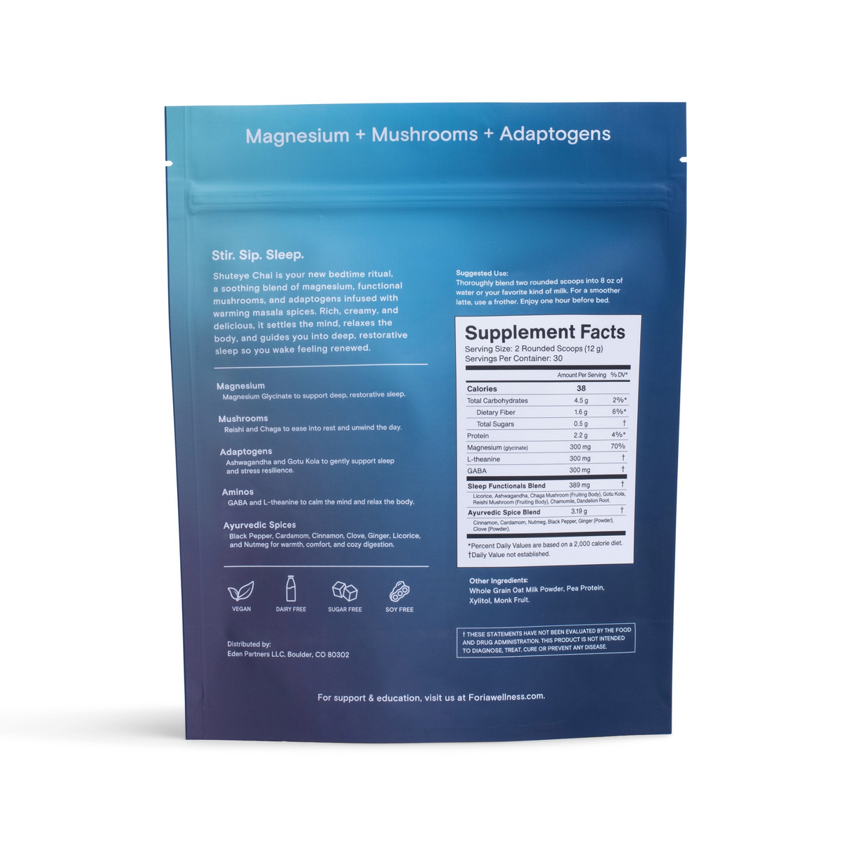 Foria Shuteye Chai Magnesium Mushroom Latte powder bag showing the back label with product details and ingredients.