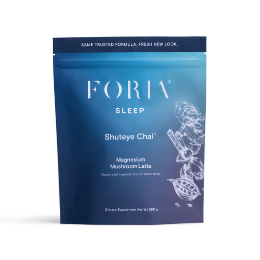 Foria Shuteye Chai Magnesium Mushroom Latte in a cup with a chai flavor, featuring a warm, inviting beverage with mushroom and herbal ingredients.