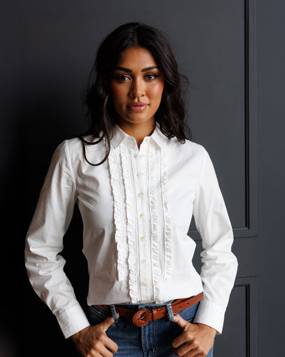 Downeast Signature tuxedo button-down top, stylish long-sleeve shirt with classic collar and sleek black fabric.