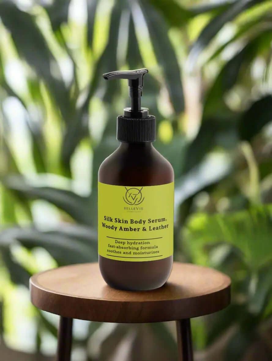 Silk Skin Body Serum by Belleviecosmetic in 270ml bottle with woody amber and leather scent, showcasing elegant packaging and serum.