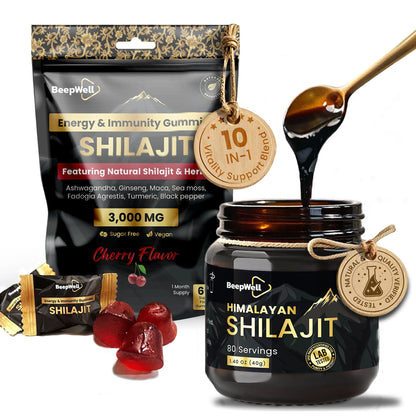 BeepWell Shilajit resin and gummies bundle showing the resin jar and gummy pack on a white background