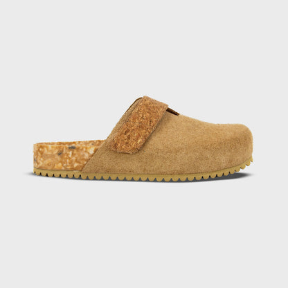 Fleks More Mesa Clog in Morning Coffee color, side profile view showing its stylish, comfortable design and textured sole.
