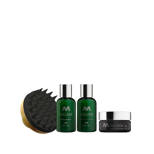 Masami low maintenance haircare bundle with shampoo, conditioner, and styling products in a sleek set for easy hair care.