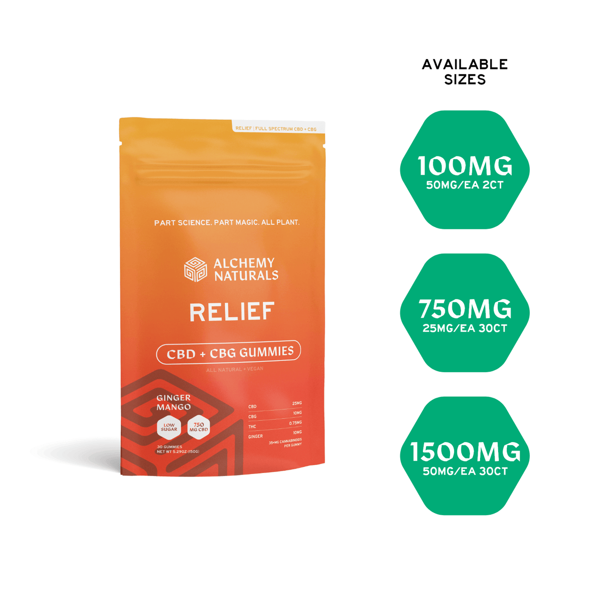 Hemp-derived CBD edible gummies by Alchemy Naturals, featuring soothing relief with CBG in colorful, fruit-flavored shapes.