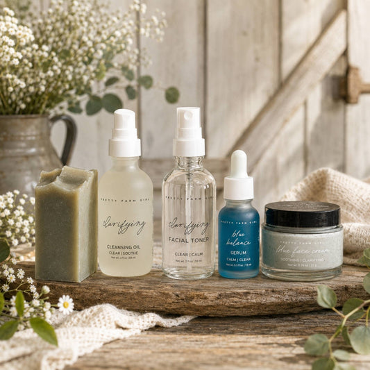 Pretty Farm Girl Skin Redness Skincare Routine Kit bundle with cleanser, moisturizer, and soothing products for sensitive skin.