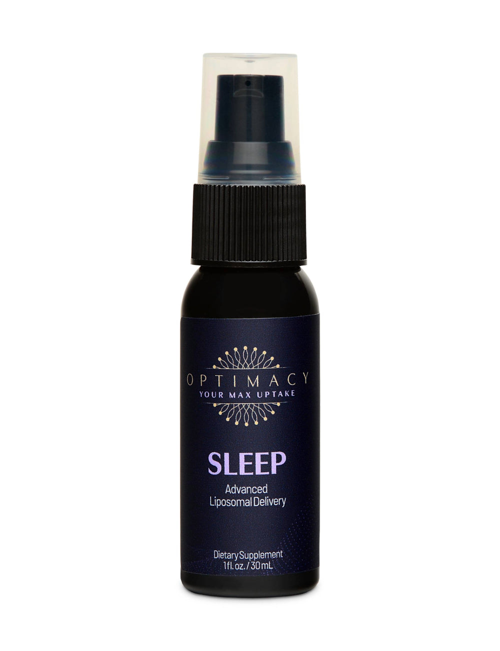 Liposomal Sleep Aid by OPTIMACY showing a bottle of Liposomal Sleep supplement with a sleep-themed background.