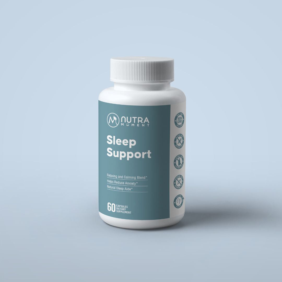 Nutra Moment Sleep Support supplement in a jar with capsules, designed to promote restful sleep and relaxation.