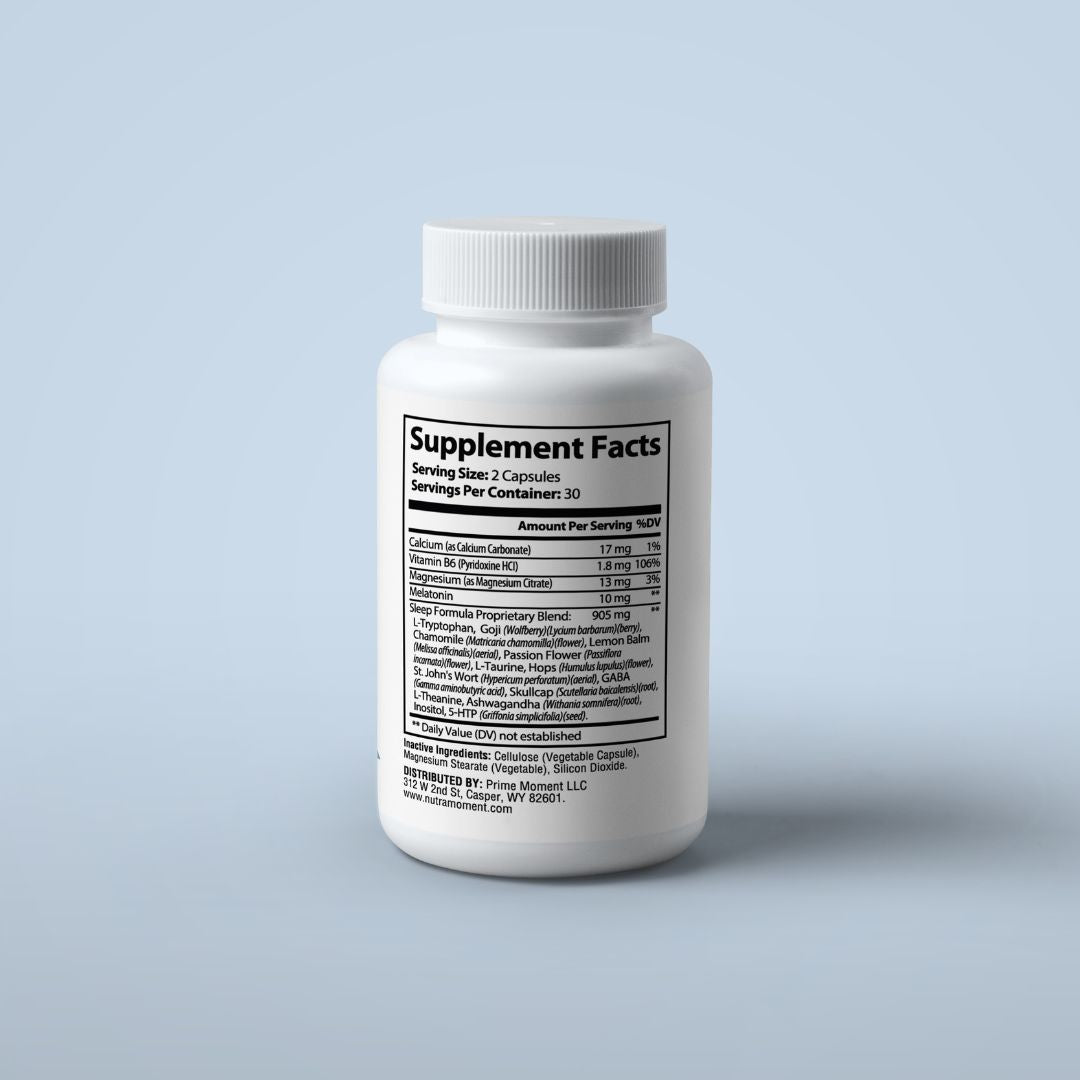Nutra Moment Sleep Support supplement bottle with capsules, designed to promote restful sleep and relaxation.